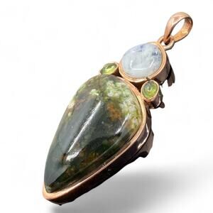 Green Moss Agate Peridot Moonstone Copper Pendant Artisan Crafted